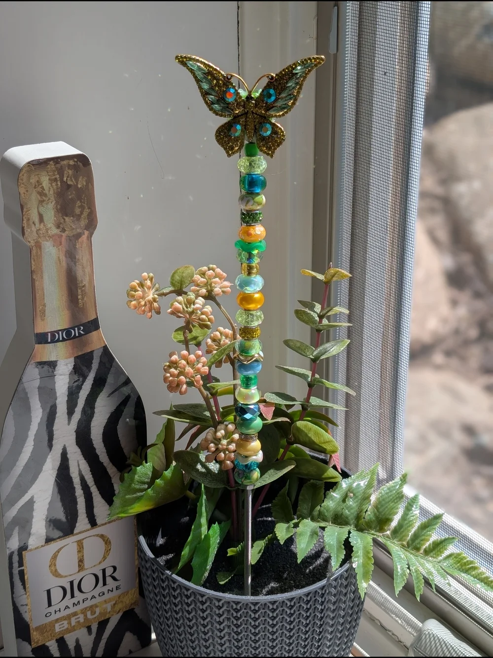 Handmade Fairy Wand/Plant/Garden Stake W/Jeweled Butterfly Topper